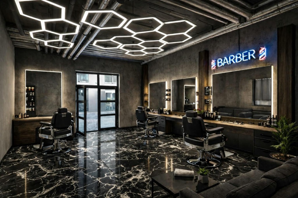 Cinematic shot of a luxury barber shop interior